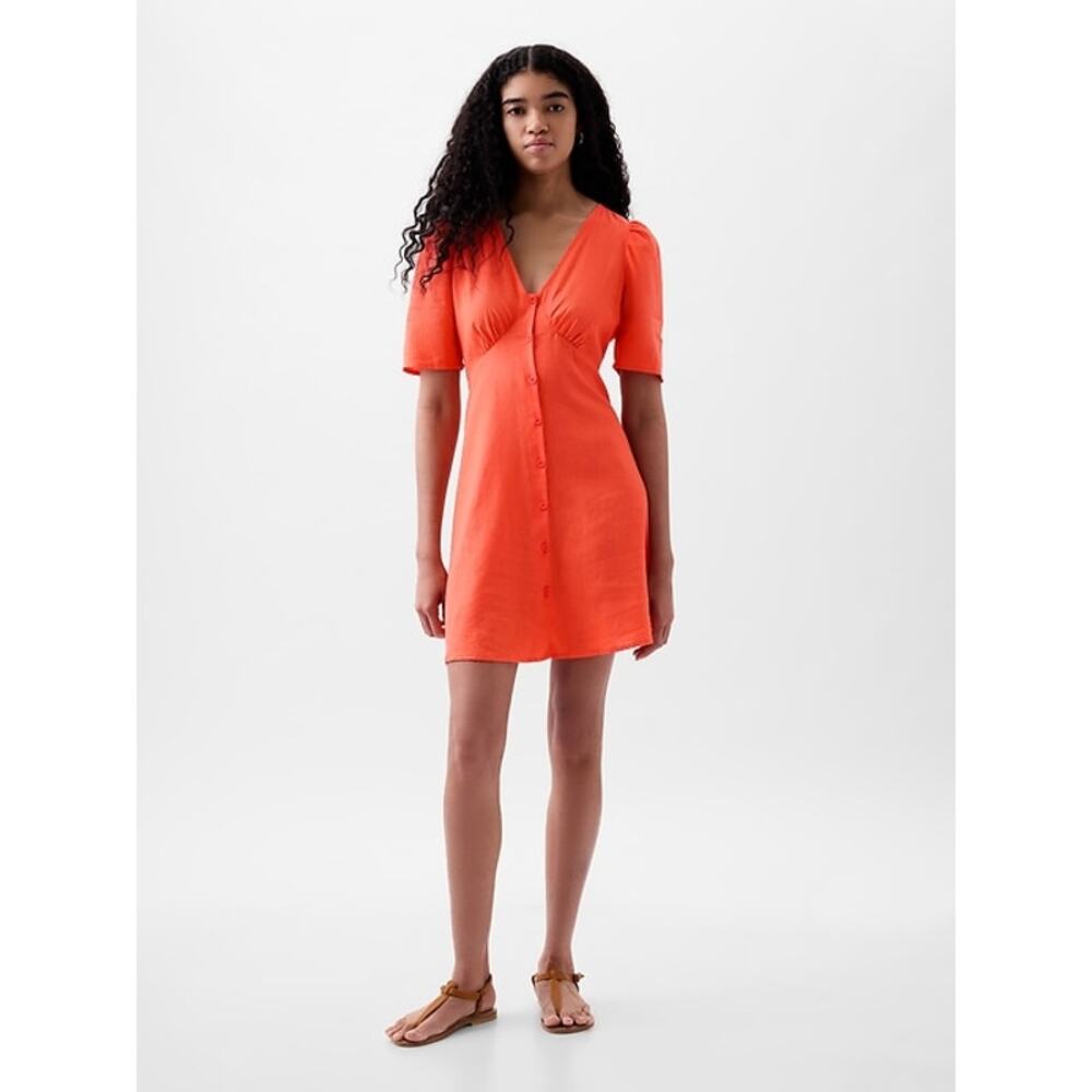 Gap 2024 Linen Blend Button Front Retro A-line Dress Blood Orange XXL Vacation